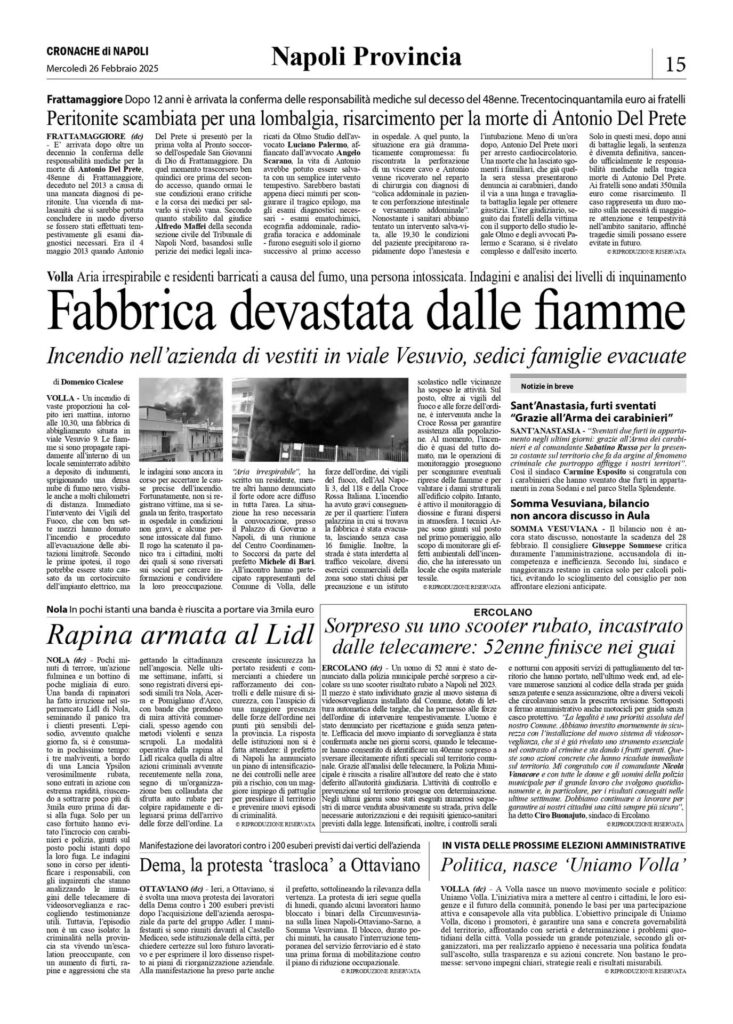 Cronache di Napoli – Peritonite scambiata per una lombalgia, risarcimento per la morte di Antonio Del Prete